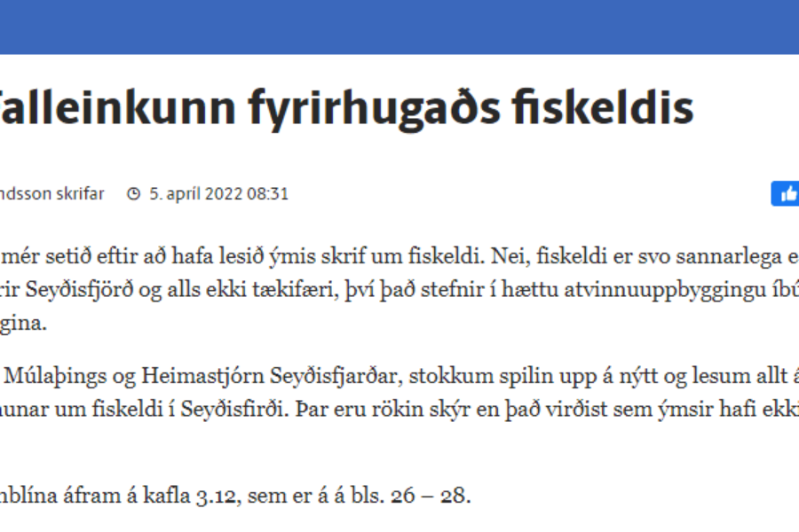 „Fall­ein­kunn fyrir­hugaðs fisk­eldis“ – grein Magnúsar Guðmundssonar
