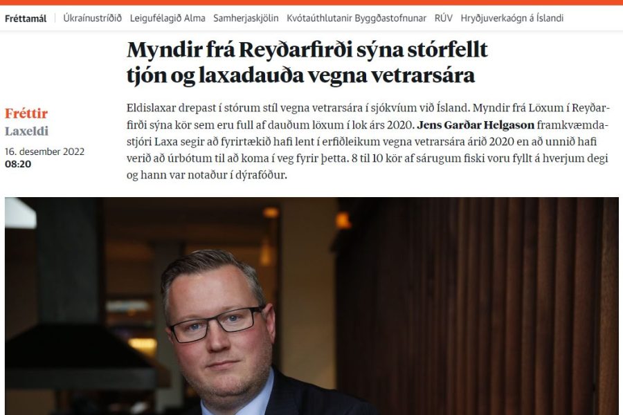 Nýjar myndir af helsærðum laxi úr sjókvíum í Reyðarfirði eftir frosthörkur veturinn 2020